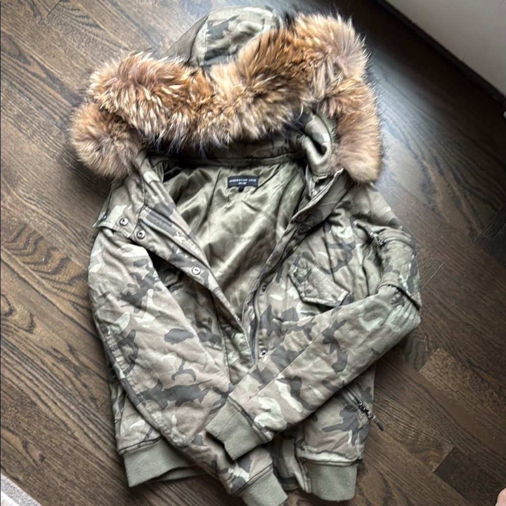 Andrew Marc Green Bomber Jacket with Fur Trim